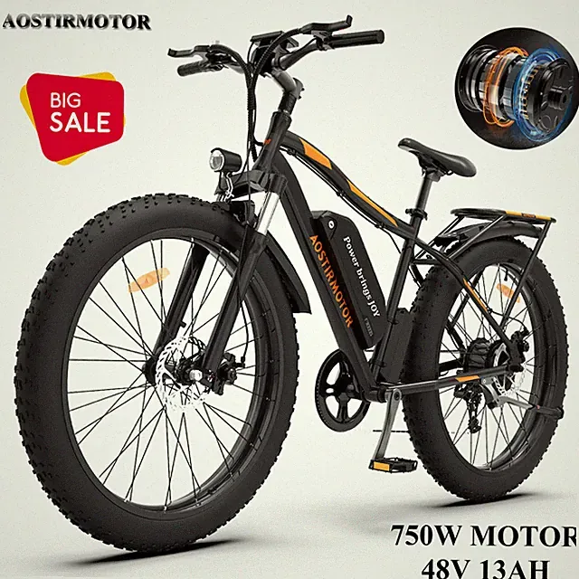 Ebike 26" 750W 48V Electric Bike Mountain Bicycle Fat Tire 28mph Ebike 7 Speed