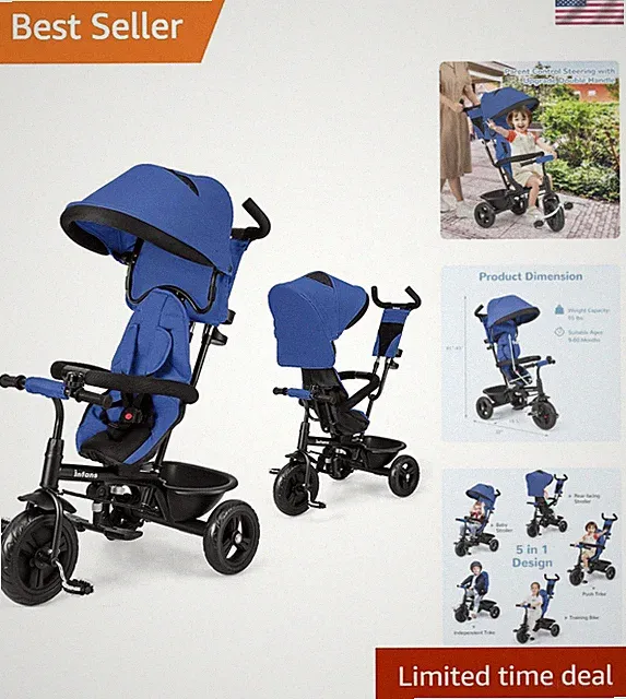 Stylish Blue Kids Trike: 6-in-1 Design with Storage & Safety Features - Ages 9-5